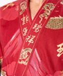 Fabric detail of the lapel on red dragon and fuji kimono