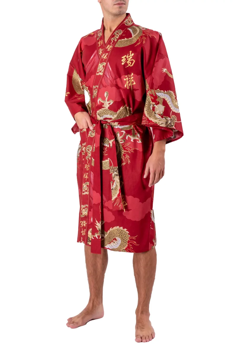 Front view of model wearing a red dragon and fuji kimono