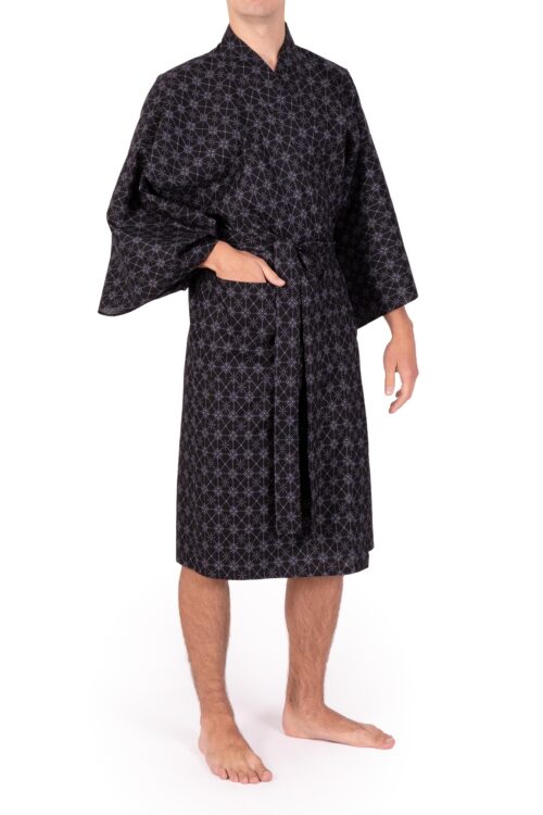 Front View of Men's Happi Kimono in Black Argyle Print, 100% Cotton