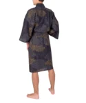 Back view of a model wearing a black cloud men's happi male kimono robe