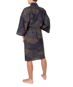 Back view of a model wearing a black cloud men's happi male kimono robe