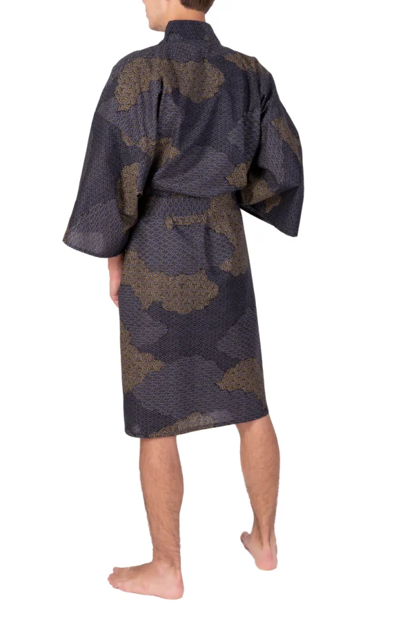 Back view of a model wearing a black cloud men's happi kimono robe