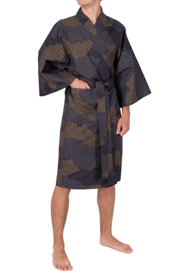 Front view of a model wearing a black cloud men's happi kimono robe