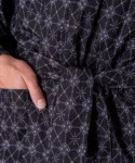 Fabric detail of a black argyle print mens happi kimono robe lightweight dressing down