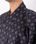 Fabric detail of a black argyle print mens happi kimono robe lightweight dressing down