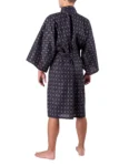 Back view of a male kimono. model is wearing a black argyle print mens happi kimono