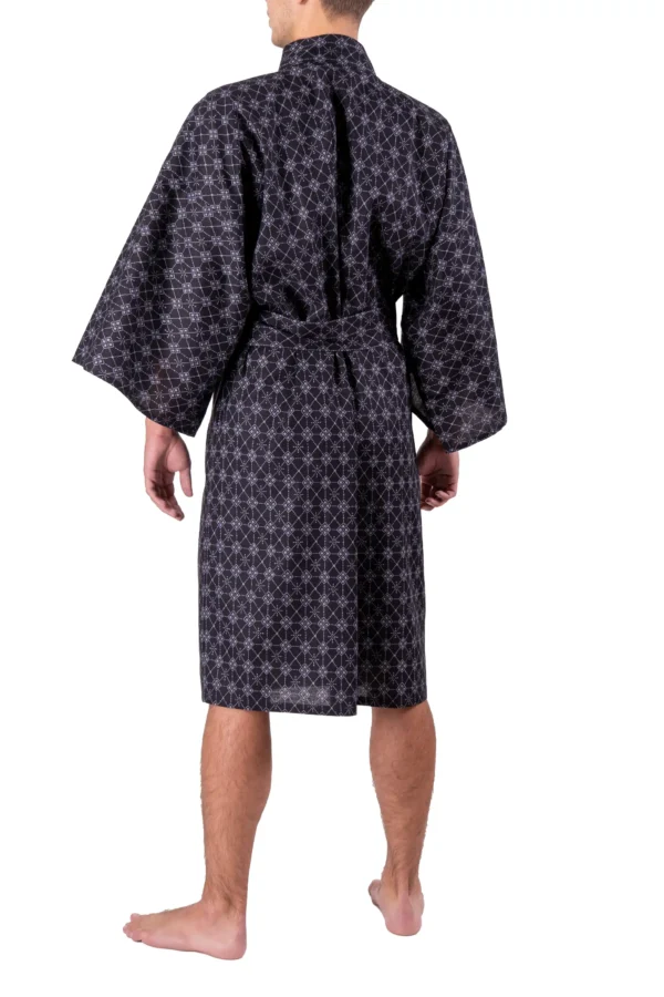 Back view of a model wearing a black argyle print mens happi kimono robe lightweight dressing down