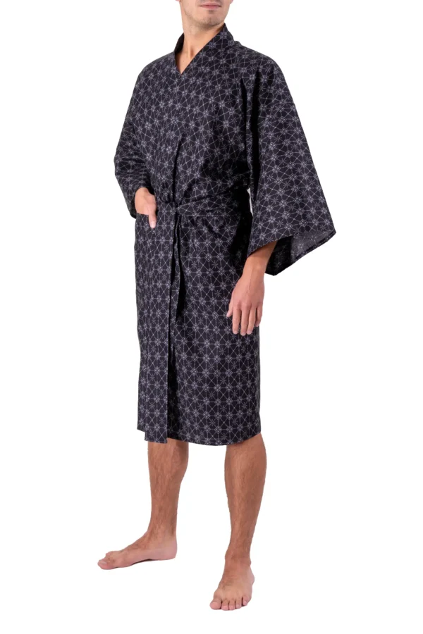 Front view of a model wearing a black argyle print mens happi kimono robe lightweight dressing down