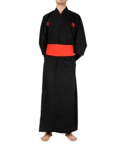 front view yukata men black samurai with red obi