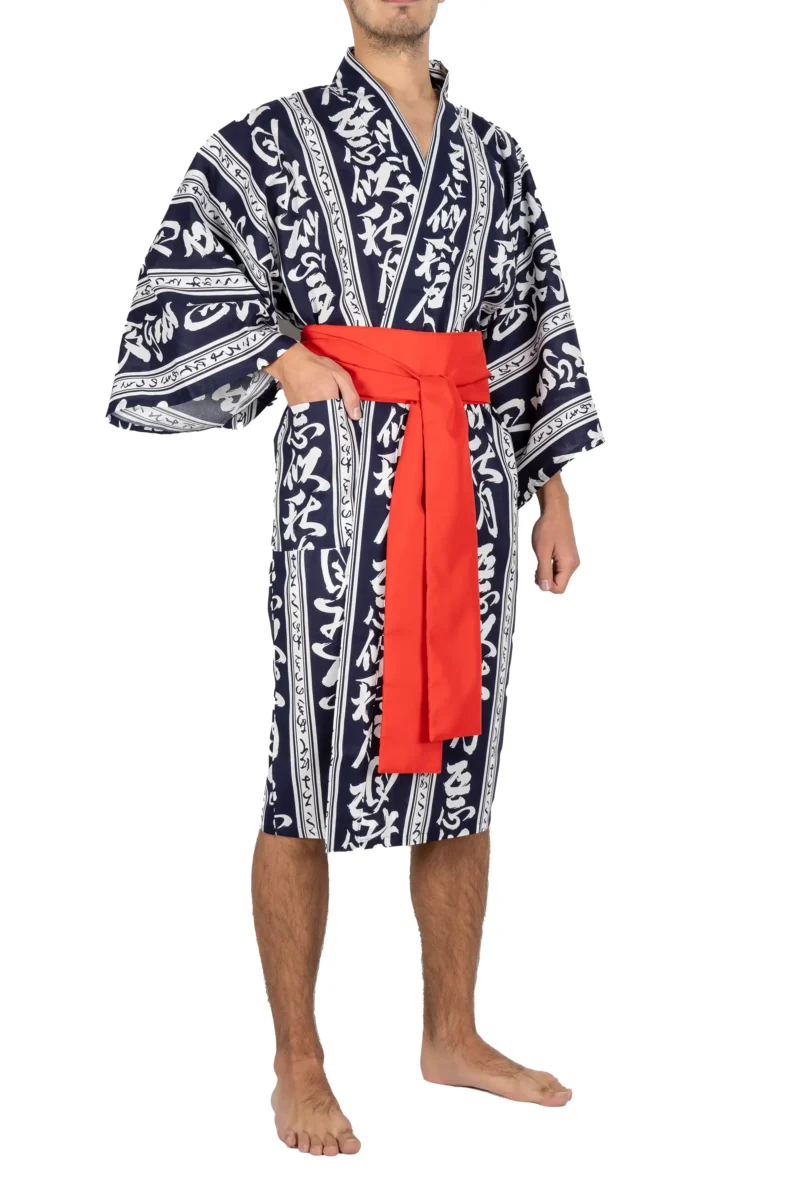 Frontview of model wearing navy autumn moon happi kimono with red obi belt