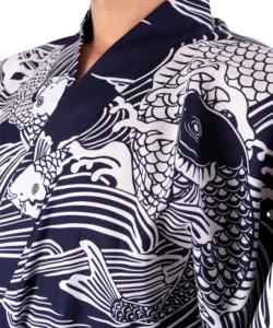 Lapel fabric detail of a navy carp happi Japanese kimono