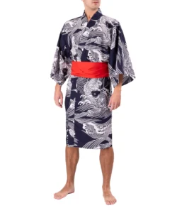 Front view of model wearing a navy carp happi Japanese kimono with the optional red obi belt