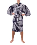 Straight on view of model wearing a navy carp happi Japanese kimono
