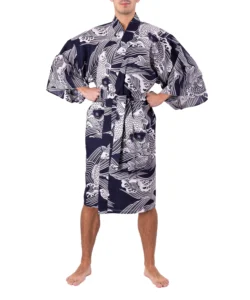 Straight on view of model wearing a navy carp happi Japanese kimono