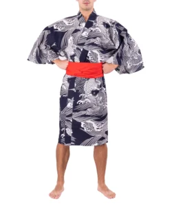 Straight on view of model wearing a red obi belt with a navy carp happi Japanese kimono