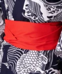 Detail of red obi belt on a navy carp happi Japanese kimono