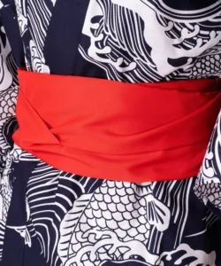 Detail of red obi belt on a navy carp happi Japanese kimono