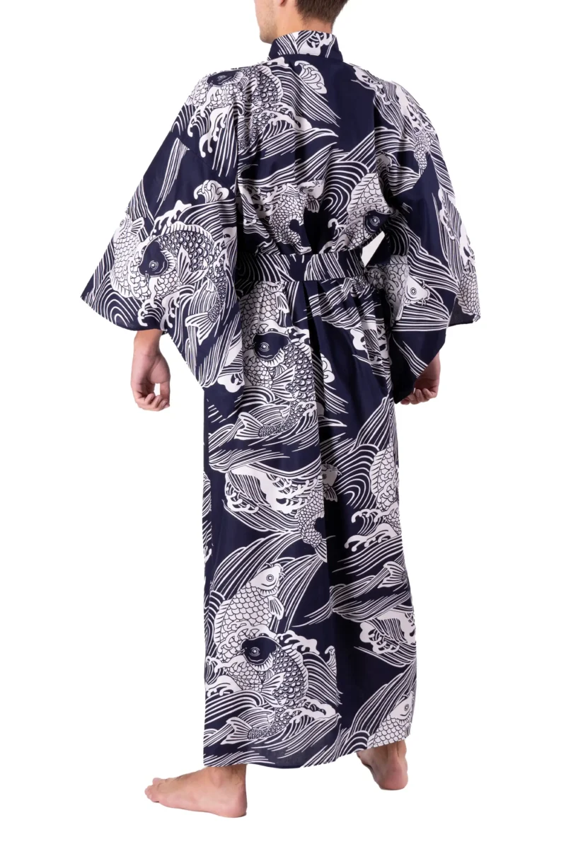 Back view of model wearing a navy carp male yukata kimono robe