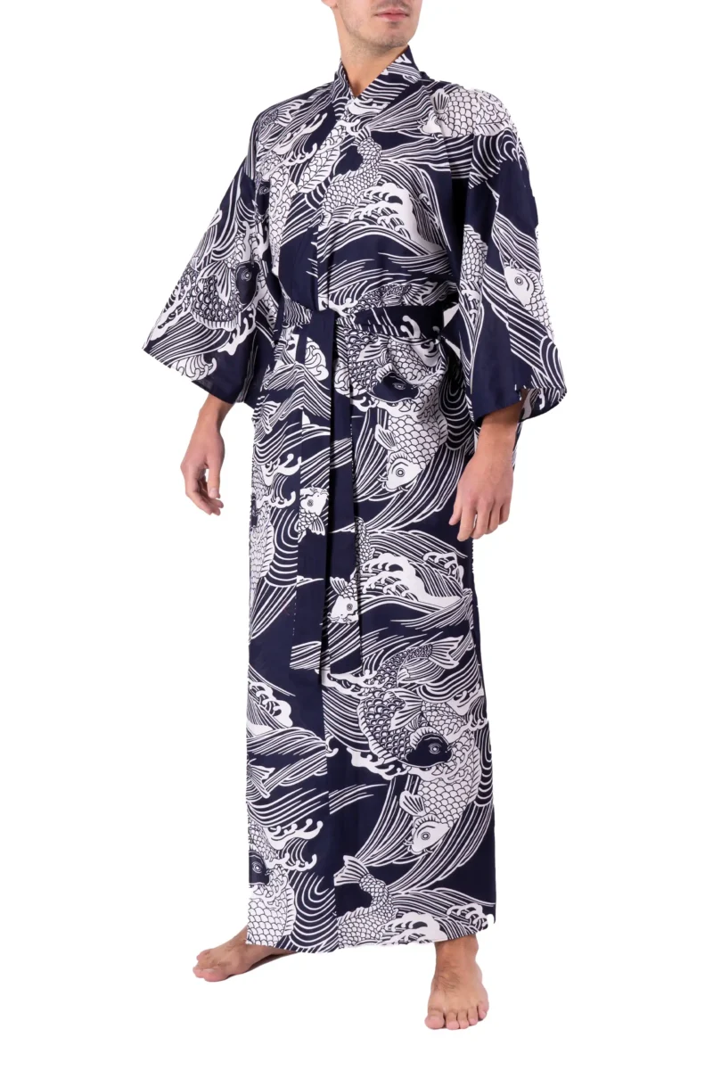 Front view of model wearing a navy carp male yukata kimono robe