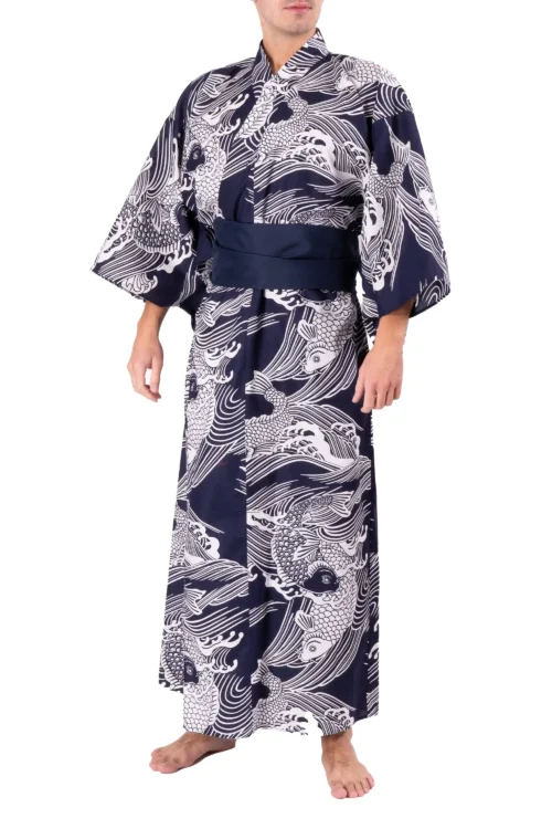 Front view of model wearing a navy carp male yukata kimono robe with a navy obi belt