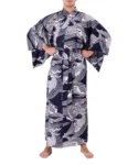 Straight on view of model wearing a navy carp male yukata kimono robe