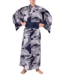Front view of model wearing a navy obi belt with a navy carp male yukata kimono robe
