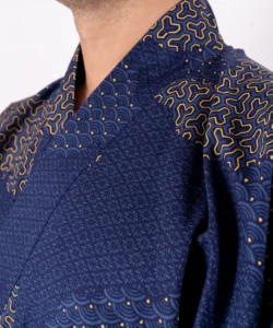 Lapel detail of navy cloud men's yukata kimono robe
