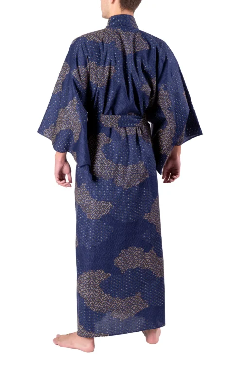 Back view of model wearing a navy cloud men's yukata kimono robe