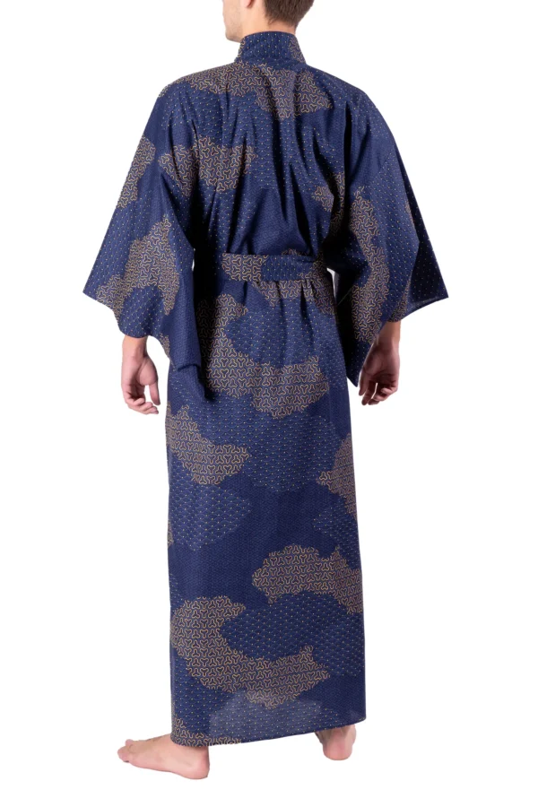 Back view of model wearing a navy cloud men's yukata kimono robe