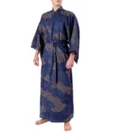 Front view of model wearing a navy cloud men's yukata kimono robe