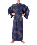 Straight on view of model wearing a navy cloud men's yukata kimono robe