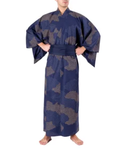 Mode wearing a navy obi sash belt with on a navy cloud men's yukata kimono robe