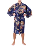 Straight on view of model wearing Navy dragon and mount fuji happi kimono