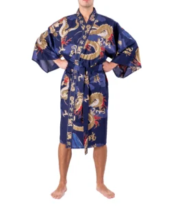 Straight on view of model wearing Navy dragon and mount fuji happi kimono