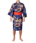 Front view of model wearing Navy dragon and mount fuji happi kimono with an optional red obi belt