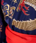 Red obi belt fabric detail of Navy dragon and mount fuji happi kimono
