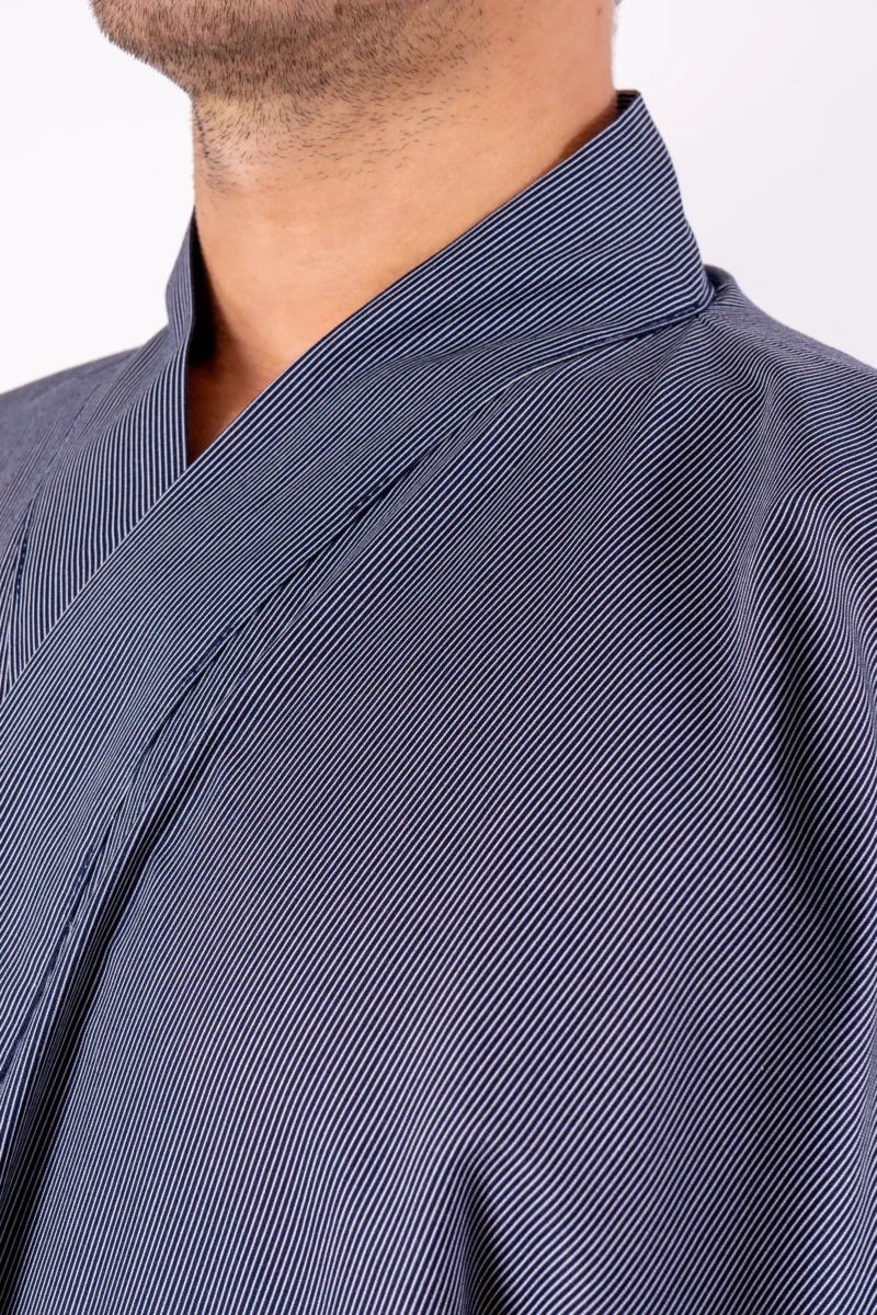 Lapel fabric detail of navy fine stripe male happi kimono