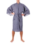 Straight on view of a model wearing a navy fine stripe male happi kimono