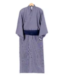 Front view of XL navy fine stripe kimono yukata robe with a navy obi sash belt