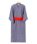 Front view of a XL navy fine stripe kimono yukata robe with a red obi belt