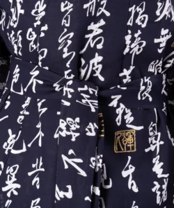 Belt fabric detail of navy hannya sutra men's yukata kimono