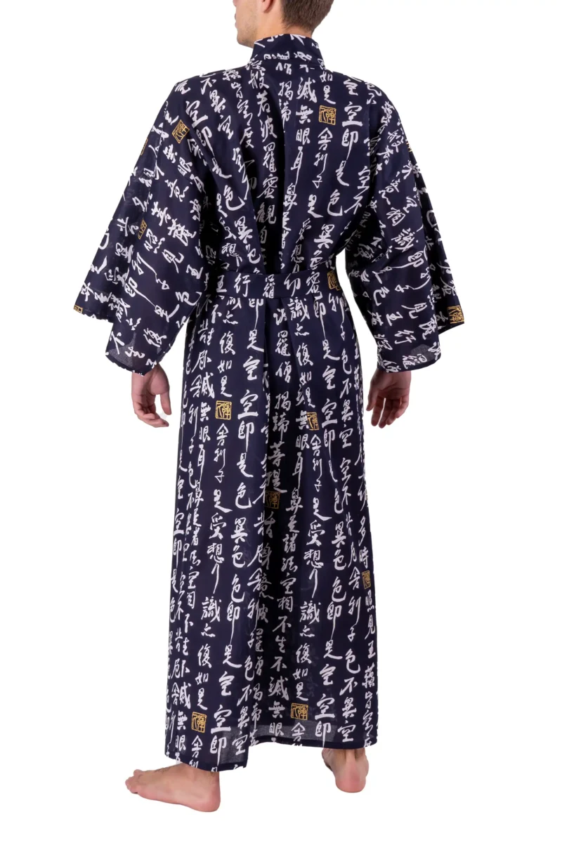 Back view of model wearing a navy hannya sutra men's yukata kimono