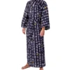 Front view of model wearing a navy hannya sutra men's yukata kimono