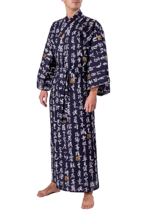 Front view of model wearing a navy hannya sutra men's yukata kimono