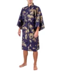 Alternative front view of model wearing a navy pine and crane men's happi kimono