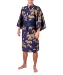 Model wearing navy pine and crane men's happi kimono and optional navy obi belt