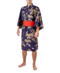 Model wearing navy pine and crane men's happi kimono and optional red obi belt