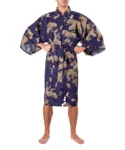 Straight on view of model wearing a navy pine and crane men's happi kimono