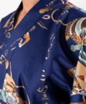 Fabric detail of model wearing navy samurai warrior happi kimono