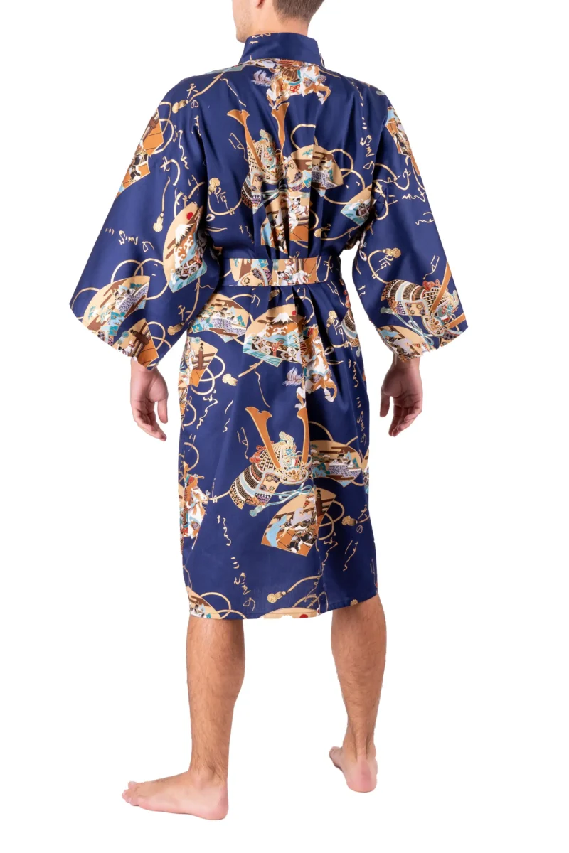 Back view of model wearing navy samurai warrior happi kimono